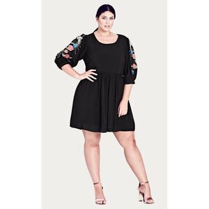 City Chic Black Mini Dress with Floral Embroidery